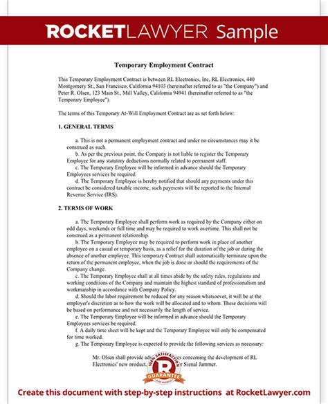 Temporary Employment Contract Agreement Template With Sample