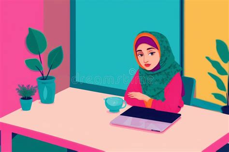 A Muslim Woman Working On Laptop Breaking Barriers Empowering Muslim