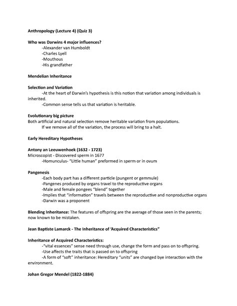 Anthro Notes 3 Lecture 3 Is More About Darwin And How He Influences