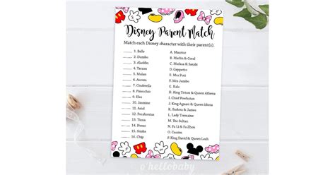 Disney Parent Match Baby Shower Game Coed Baby Shower Games