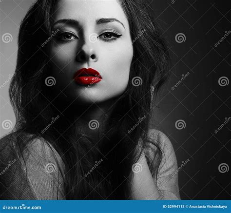 Beautiful Makeup Woman With Red Lips Looking Sexy Black And Whi Stock