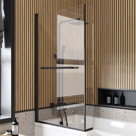 6mm L Shaped Easy Clean Bath Screen With Towel Rail Matt Black