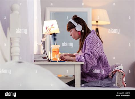 Concentrated Brunette Girl Typing Message On Computer Stock Photo Alamy