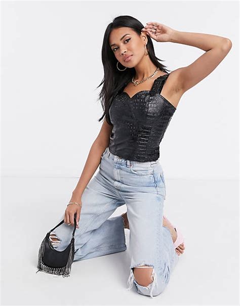 Missguided Faux Leather Croc Top With Buckle Detail In Black Asos