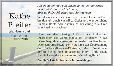 Traueranzeigen Von Käthe Pfeifer Abschied Nehmende