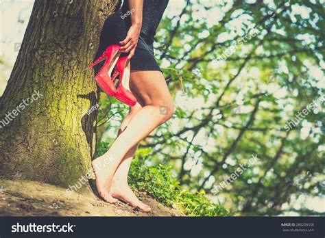 Barefoot Brunette Girl Outdoor Red High Stock Photo Edit Now 280209338