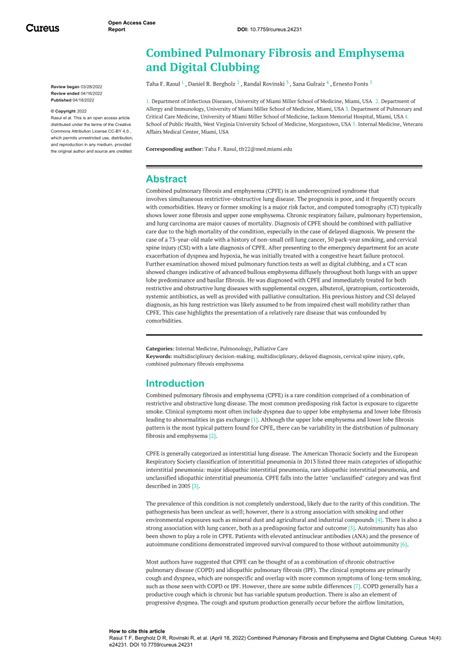 Pdf Combined Pulmonary Fibrosis And Emphysema And Digital Clubbing