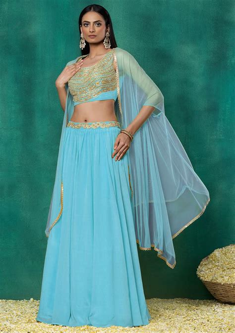 Buy Women Steel Blue Lehenga Set With Sequin Dori Hand Embroidered