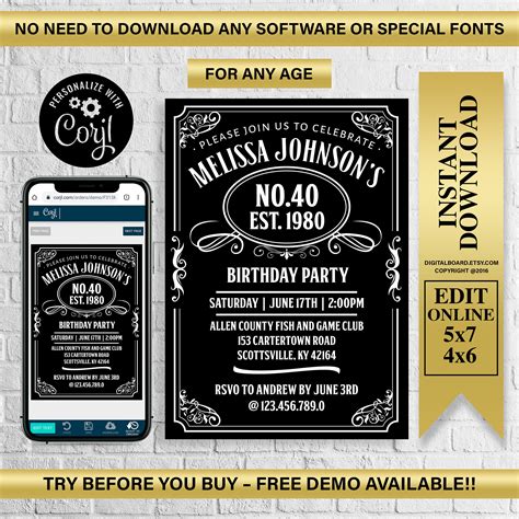 40th Birthday Invitation For Men Vintage Whiskey Themed Etsy