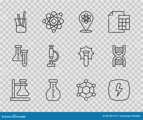 Set Line Test Tube Flask On Stand Lightning Bolt Atom Laboratory