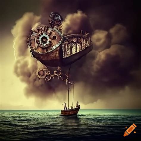 Surreal Steampunk Illustration With Giant Boats And Strange Creatures