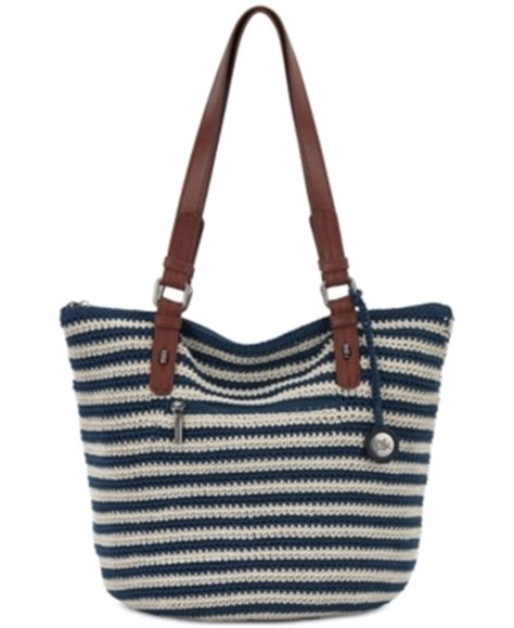 The Sak Hand Crochet Silverwood Shopper Tote Bag Colored With Blue Vintage Stripe Silver