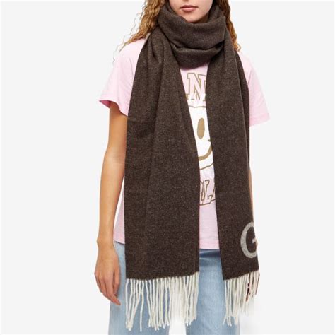 Ganni Wool Mix Fringed Logo Scarf Mole End Us