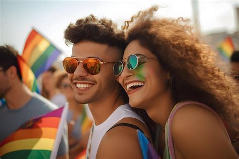 Um Homem E Uma Mulher Sorriem Na Parada Do Orgulho Gay Foto Premium
