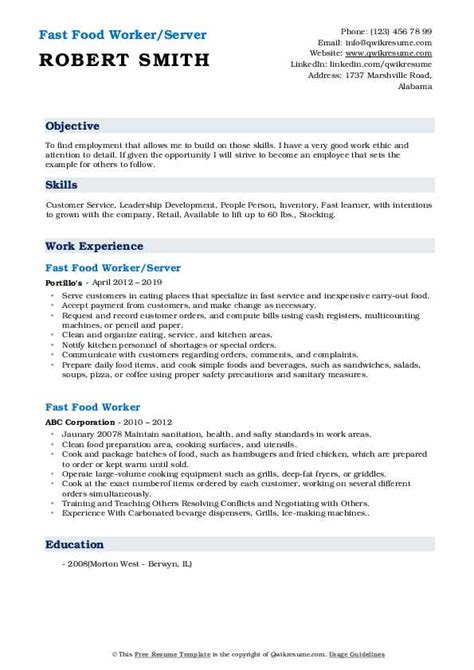 Fast Food Worker Resume Samples Qwikresume