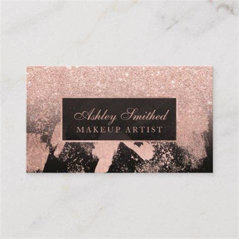 Makeup Artist Business Card With Gold Glitter And Black On Pink Foiled Paper Front View