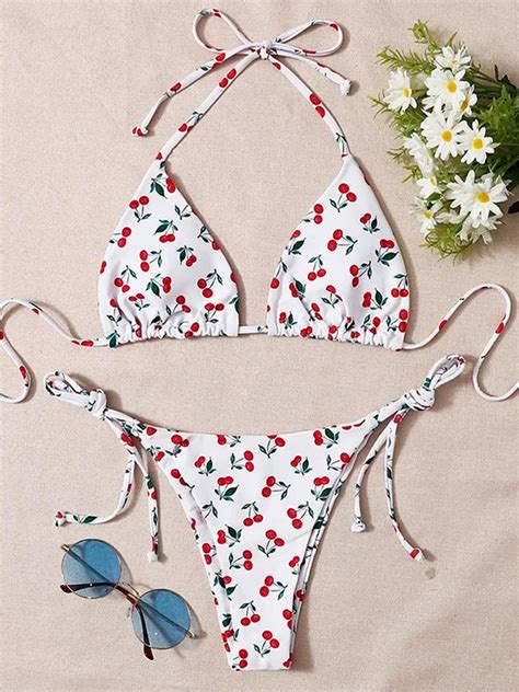 Sexy Cherry Print Halter Strappy Bikini Female Swimsuit Women Swimwear