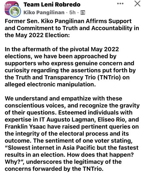 Former senator Kiko Pangilinan affirms support and commitment to truth ...