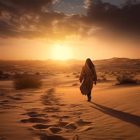 Un Hombre Camina Por El Desierto Al Atardecer Foto Premium