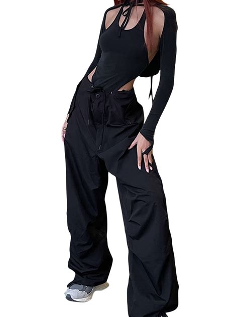 Women Baggy Cargo Pants Aesthetic Low Waist Wide Leg Hip Hop Jogger Loose Drawstring Harajuku