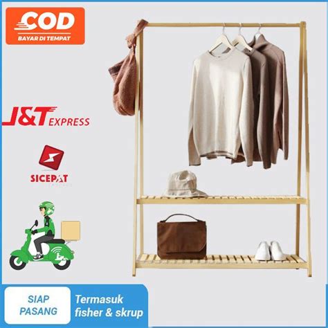 Jual Stand Hanger Tingkat Gantungan Baju Kayu Rak Serbaguna