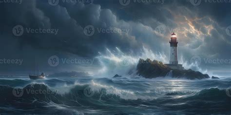 lighthouse during storm, harbor landscape with storm and lightning ...