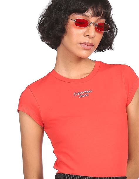 Buy Calvin Klein Women Red Crew Neck Logo T Shirt