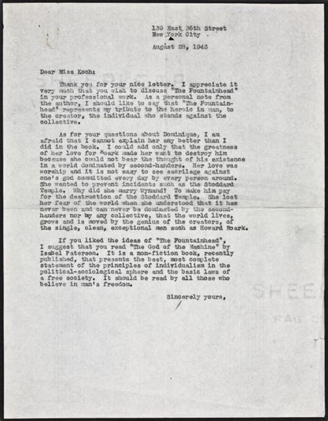 To Lilian Koch A Fan Letter Aynrand Org