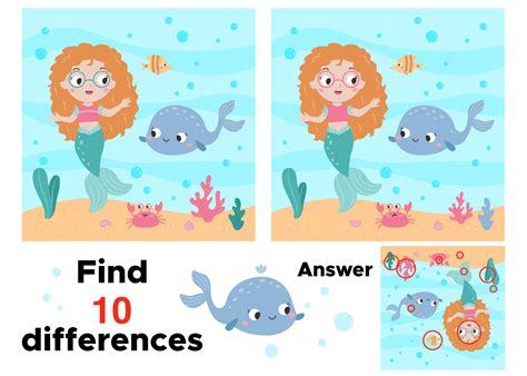 Find Differences Educational Game For Kids Cute Cartoon Mermaid