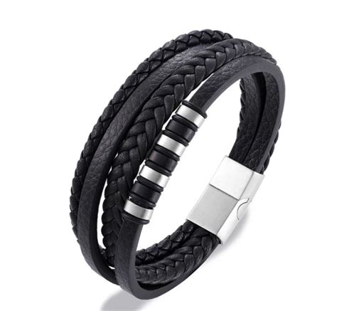 Armband Herren Leder Edelstahl Magnetverschluss Schwarz Silber Ebay