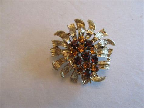 Vintage Amber Topaz Rhinestone Sunflower Pin And Earring Set