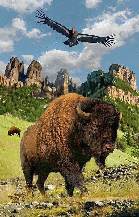 Two Birds Are Flying Over A Bison In The Wilderness With Mountains And