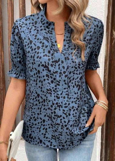 Dusty Blue Smocked Leopard Short Sleeve Split Neck Blouse