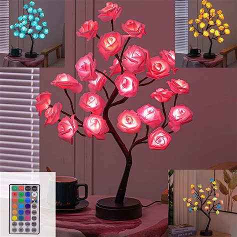 Luces De Rbol De Flores Rosas Rgb L Mpara De Mesa Con Bater A Usb Luz