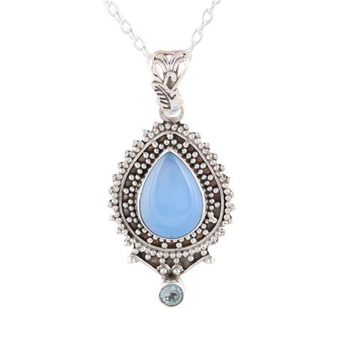 Unicef Market Handcrafted Blue Chalcedony Pendant Necklace From India