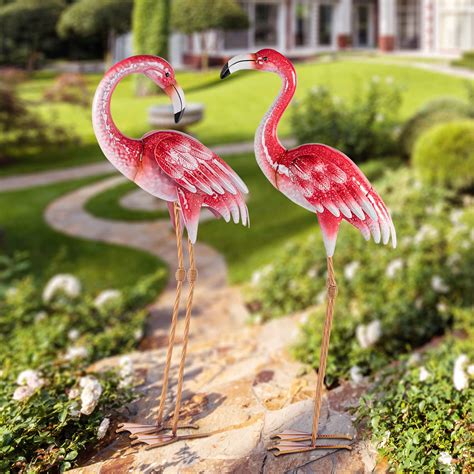 Pink Flamingo Yard Decorations Metal Garden Statues And Sculptures Standing Bird Lawn