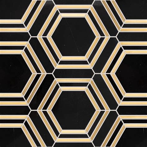 Maravilla Nero Brass Framed Hexagon Polished Marble Mosaic Tile 10 X