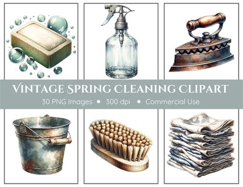 Vintage Spring Cleaning Clipart Pack Transparent Background Watercolor