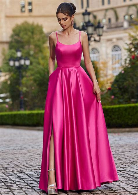 A Line Satin Prom Dress Square Neckline Floor Length With Pockets Split