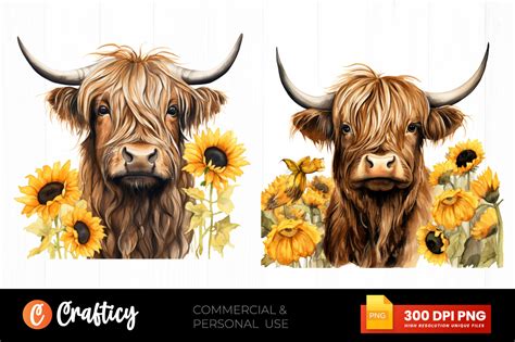 Watercolor Sunflower Highland Cows Clipa Graphic By Graftify · Creative