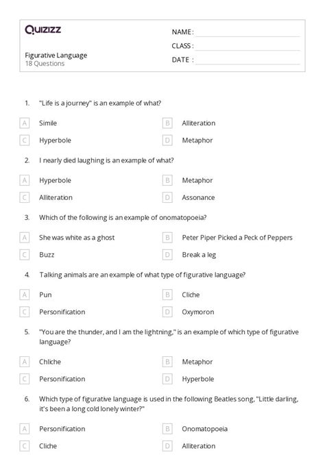 50 Figurative Language Worksheets For 6th Grade On Quizizz Free And Printable