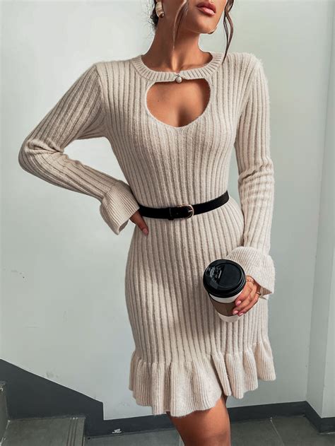 Cut Out Flounce Sleeve Ruffle Hem Sweater Dress Without Belt Sweater