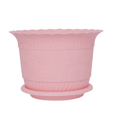 Home Office Garden Plastic Floral Pattern Plant Flower Pot Pink W Tray