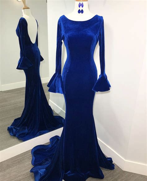 Ruched Long Sleeves Velvet Evening Dresses 2019 Royal Blue Mermaid