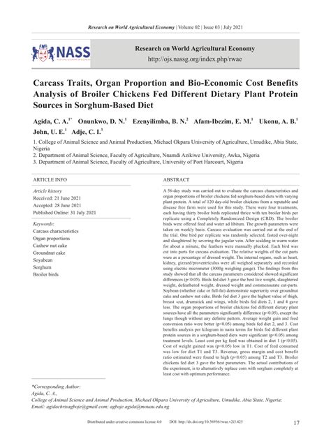 Pdf Carcass Traits Organ Proportion And Bio Economic Cost Benefits