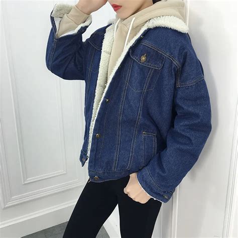 Lamb Wool Denim Jacket With 4 Pockets Long Sleeves Outwear Women Lambs