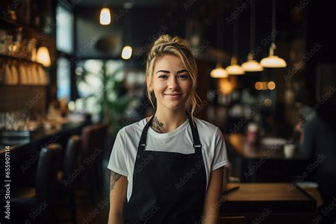 Young Beautiful Girl Waitress Standing In Trendy Cafeteria Cafe