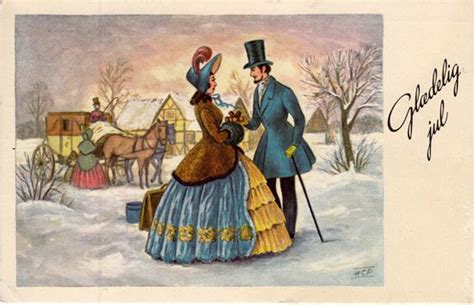 An Old Fashioned Christmas Card With A Man And Woman In The Snow