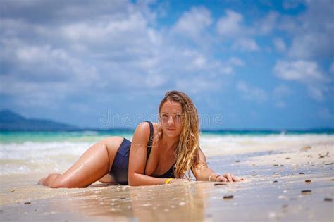 Girl In Bikini Posing On The Sand By The Sea White Girl With Long Hair Stock Photo Image Of