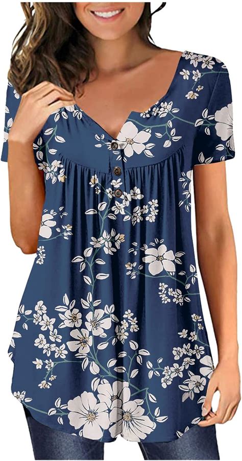 Xddlitp Womens Tops Henley Tunic Boho Floral Print Vneck T Shirts Hide